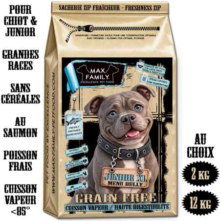 Menu BULLY JUNIOR XL - by MAX FAMILY - CROQUETTE SANS CEREALE POUR CHIOT XL LARGE GRANDES RACES et RACES GEANTES