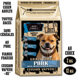 Menu BULLY PORK - by MAX FAMILY - CROQUETTE SANS CEREALE VAPEUR au porc pour chien adulte - CROQUETTES MOLOSSE MUSCLE