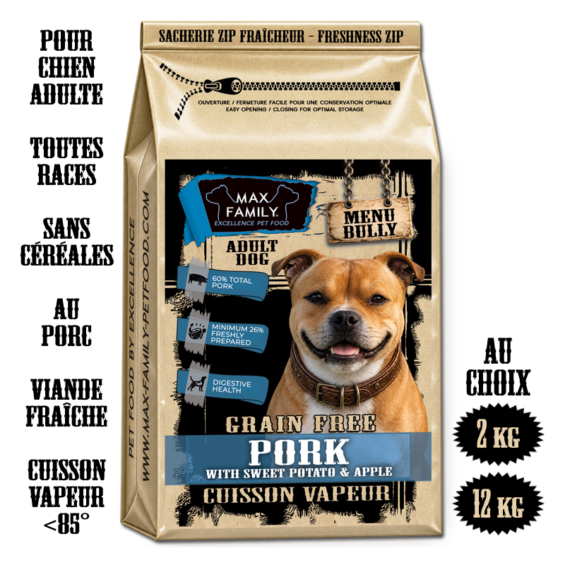 Menu BULLY PORK - by MAX FAMILY - CROQUETTE SANS CEREALE VAPEUR au porc pour chien adulte - CROQUETTES MOLOSSE MUSCLE