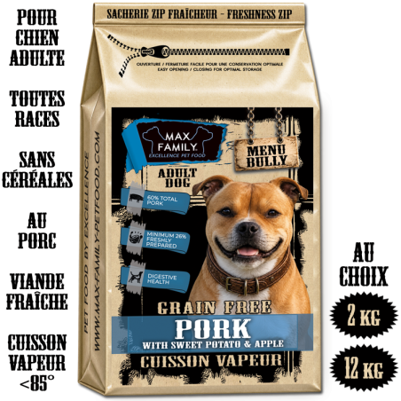 Menu BULLY PORK - by MAX FAMILY - CROQUETTE SANS CEREALE VAPEUR au porc pour chien adulte - CROQUETTES MOLOSSE MUSCLE